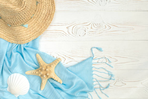 istock Colorful summer holiday beach banner background with accessories on white wood panel, border design on top view with copy space. 1398075549