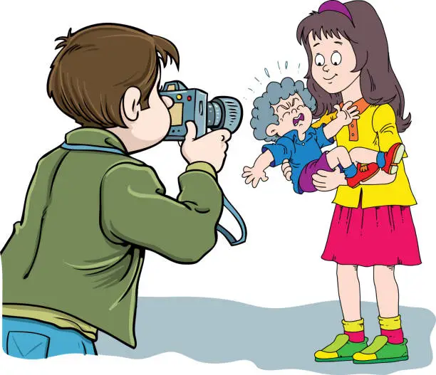 Vector illustration of Father take pictures of children.