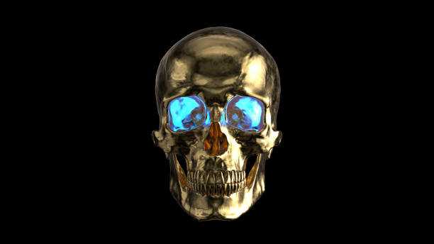 istock Golden Human Skull with blue eyes 3d render 1398075905