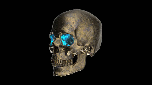 istock Old Bronze Human Skull with blue eyes 3d render 1398075910