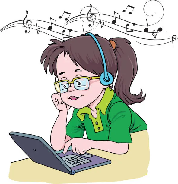 Vector illustration of girl enjoys the music.