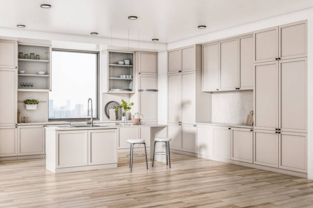 istock Sunny spacious dining area with light big kitchen set, stylish decor and kitchenware and city view from the window. 3D rendering 1398078467