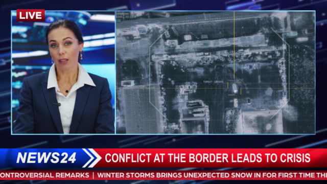 Split Screen Montage TV News Live Report: Anchorwoman Talks about Story Segment with Video Showing Top Down Satellite Surveillance of War Crimes Commited. Television Program Cable Channel Playback