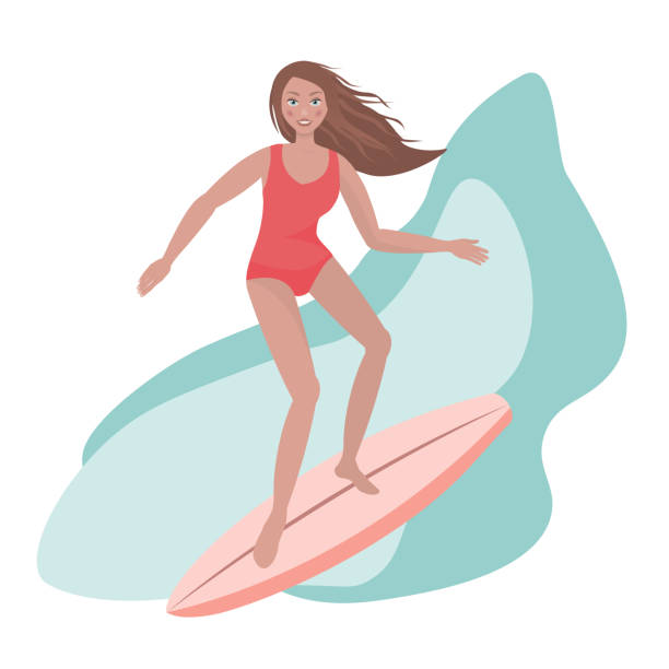 ilustraciones, imágenes clip art, dibujos animados e iconos de stock de mujer surfeando en el océano - white background image australia sunlight