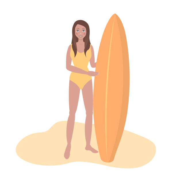 ilustraciones, imágenes clip art, dibujos animados e iconos de stock de chica con tabla de surf en la playa. surfista - white background image australia sunlight