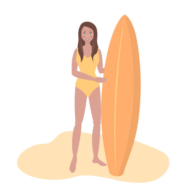 ビーチでサーフボードを持つ女の子。サーファー - white background image australia sunlight点のイラスト素材／クリップアート素材／マンガ素材／アイコン素材