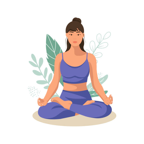 frau, die yoga macht. lotus-position - white background yoga exercising women stock-grafiken, -clipart, -cartoons und -symbole
