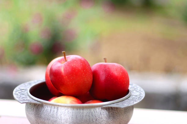 Silver bowl filled with red apples in the garden. Selective focus.