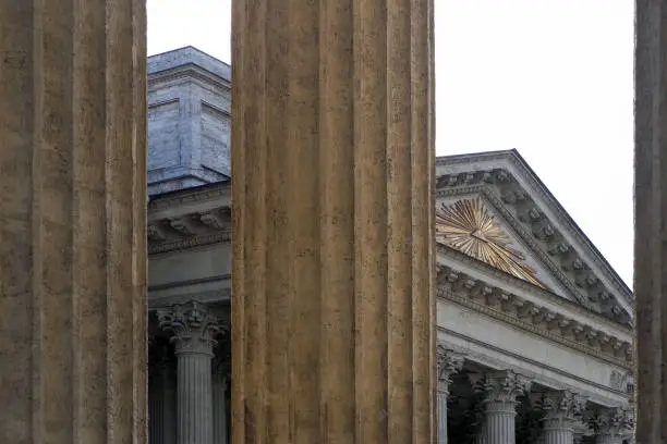 All-Seeing Eye, Masonic symbol depicted on the facade of the Kazan Cathedral in St. Petersburg, Russia