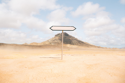 A blank signpost in the desert. Which way to go..?