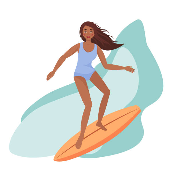 ilustraciones, imágenes clip art, dibujos animados e iconos de stock de hermosa mujer de piel negra surfeando en el océano - white background image australia sunlight