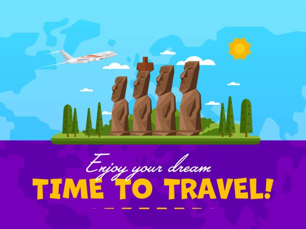 Welcome to Chile poster with famous attraction Welcome to Chile poster with famous attraction vector illustration. Travel design with Moai statues from Easter island. Worldwide air traveling, time to travel, discover new historical places easter island map stock illustrations