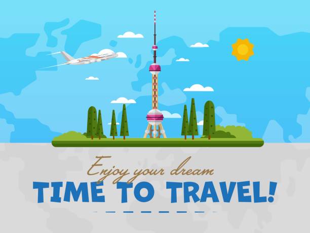 willkommen bei china poster mit berühmter attraktion - shanghai finance skyline backgrounds stock-grafiken, -clipart, -cartoons und -symbole