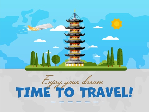 Welcome to China poster with famous attraction vector illustration. Travel design with ancient Longhua pagoda on background world map. Worldwide air traveling, discover new historical places