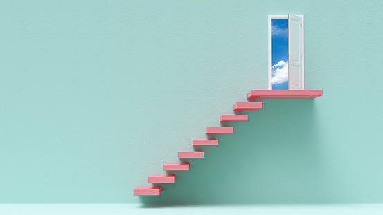 Pink pastel Stairs in building. Open door Outside bright sky.  green pastel room background and Space for banner and logo. Minimal idea concept, 3D Render.