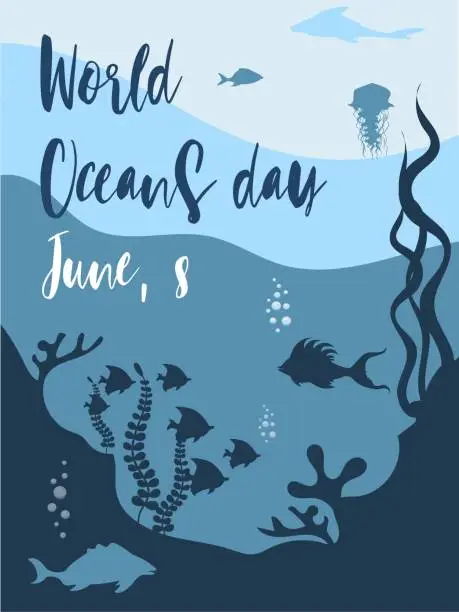 Vector illustration of World oceans day poster design with underwater ocean, dolphin, shark, coral, sea plants, stingray and turtle