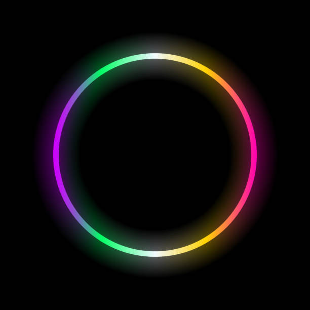 Glowing circle shape bright multicolor gradient frame design element dark background vector illustration. Glowing circle shape bright multicolor gradient frame design element dark background vector illustration. glow stick stock illustrations