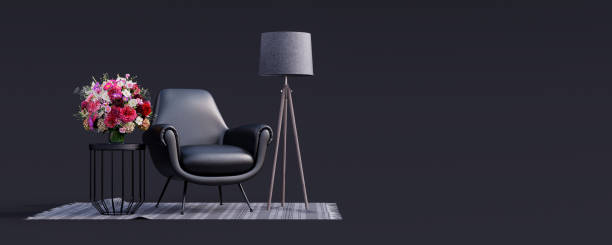 istock Creative interior design in black studio with modern leather armchair 3d render 1398090650
