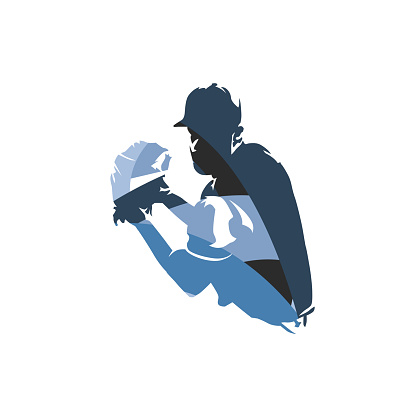 Baseball pitcher throwing ball, isolated abstract blue vector silhouette