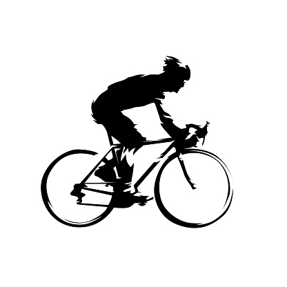 Cyclist. Road cycling ink drawing. Side view, isolated vector silhouette