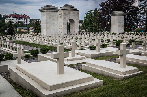 Lviv, Ukraine - May 5, 2012:Solemn  Lwow Defenders' Cemetery and Polish Orlat Cemetery in Lviv's spectacular and sombre Lychakiv Cemetery.