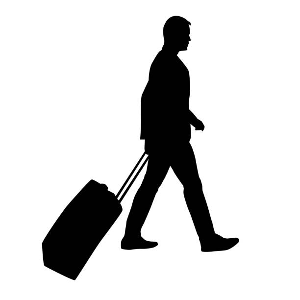 бизнесмен гуляет с дорожным багажом, изолированный векторный силуэт, вид сбоку - concourse stock illustrations