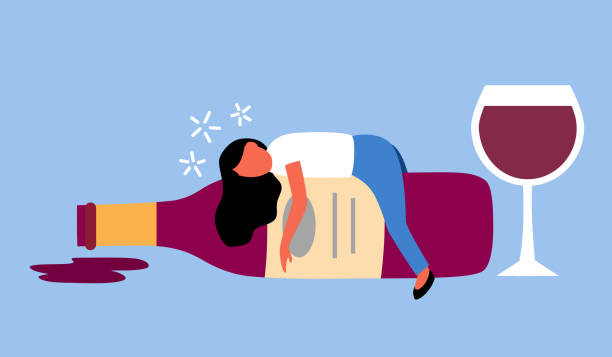 Drunk woman sleeping on wine bottle in flat design. Alcohol addiction. Alcoholic female. vector art illustration