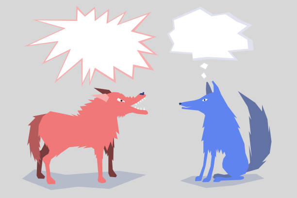 illustrazioni stock, clip art, cartoni animati e icone di tendenza di comunicazione di cane rosso arrabbiato e cane blu calmo. posto per il testo. comprensione, concetto di resistenza allo stress - equanimity