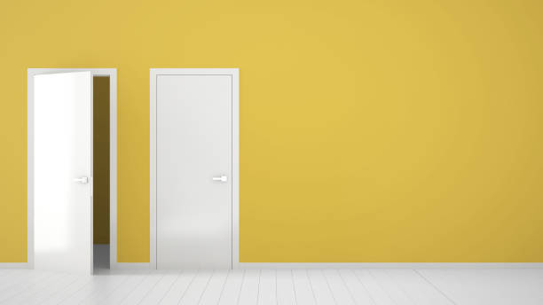 istock Empty yellow room interior design with open and closed doors with frame, door handles, wooden white floor. Choice, decision, selection, option concept idea with copy space 1398100319