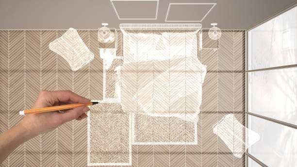 istock Empty white interior with parquet floor and big panoramic window, hand drawing custom architecture design, white ink sketch, blueprint showing modern bedroom, top view, plan, above 1398100325