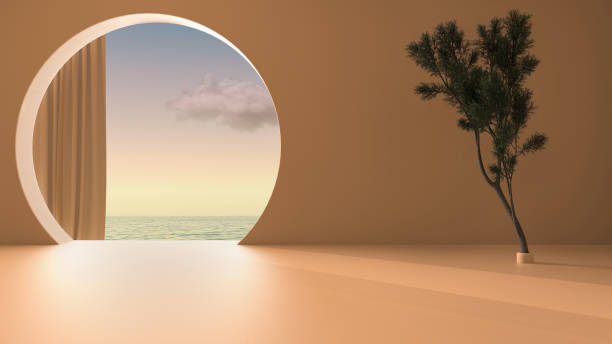 istock Imaginary fictional architecture, interior design of empty space with round arched window with curtain, concrete orange walls, potted pine tree, sunrise sunset sea panorama with cloud 1398100351