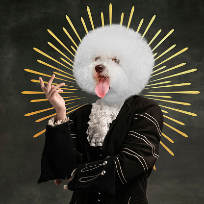 Contemporary art collage. Man wearing medieval royal person costume and cute puppy muzzle instead head on dark vintage background. Concept of surrealism, creativity, comparison of eras, baroque style