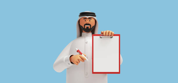 3d render, cartoon character arab man with beard wears traditional white clothes, holds pen and clipboard with blank paper. Business clip art isolated on light blue background. Agreement concept renderizado en 3d, personaje de dibujos animados hombre árabe con barba usa ropa blanca tradicional, sostiene bolígrafo y portapapeles con papel en blanco. imágenes prediseñadas de negocios aisladas sobre fondo azul claro. concepto de acuerdo