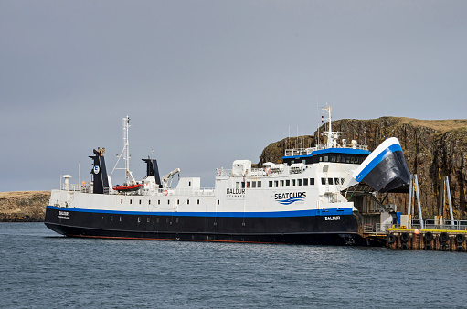 Stykkisholmur, Iceland, May 5, 2022: ferry boat Baldur moored in the town's harbour, awaiting another crossing of Breidarfjordur towards the westfjords