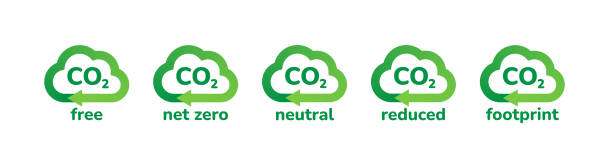 набор значков концепции нейтральности сокращения выбросов co2. баннеры в форме облаков с нулевой площадью, нейтральными к co2, этикетками с по - footprint carbon environment global warming stock illustrations