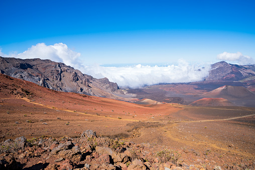 mountains and valley of haleakala crater along sliding sands trail in haleakala national park in maui hawaii