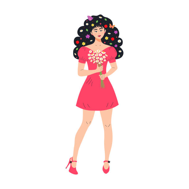 ilustrações de stock, clip art, desenhos animados e ícones de beautiful girl with chamomiles in her hands and flowers leaves and butterflies in her hair. - facial expression isolated lifestyles exoticism