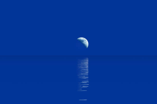 Crescent moon in clear dark blue sky over horizon and moonlight path reflecting in wavy water surface, rural dark minimalist night natural landscape in blue light, computer graphics illustration