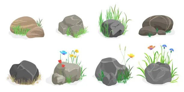 Vector illustration of Stones, rocks and boulders set, pile of rubble, gravel and big blocks with grass, herbs