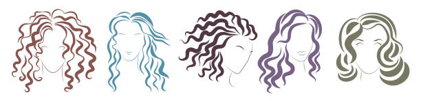 damenfrisur set, skizzenporträts von stilvollen frauenköpfen mit lockigen frisuren - hairstyle long hair curly hair women stock-grafiken, -clipart, -cartoons und -symbole