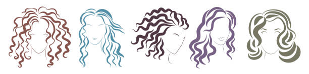 illustrations, cliparts, dessins animés et icônes de ensemble de coiffure féminine, croquis de portraits de têtes de femmes élégantes avec des coiffures bouclées - cheveux frisés