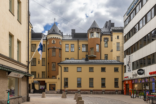 Helsinki, Finland - May 15th 2022: City of Helsinki is mainly built during last two decades. Buildings downtown showcase the building style of their era.