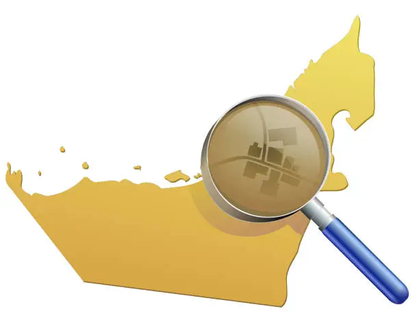 Vector illustration of United Arab Emirates map yellow sand under a magnifying glass (cut out)