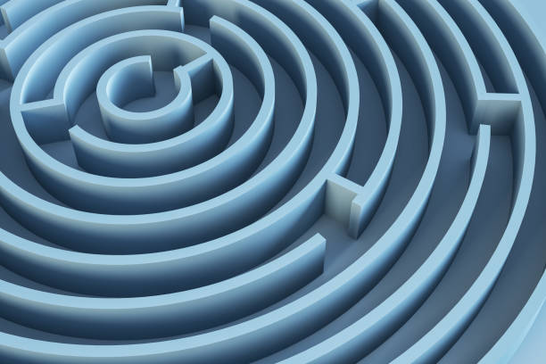 istock Finding the right way concept with blue round maze. 3D rendering 1398108103