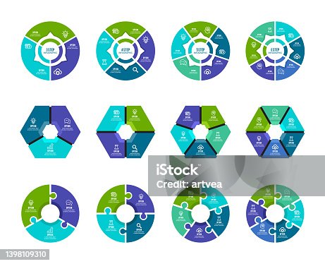 istock Colorful pie chart collection with 3,4,5,6 sections or steps 1398109310