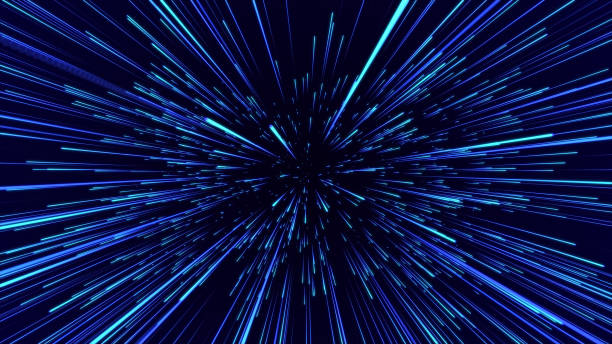 istock Blue hyper jump. Digital hyperspace with stars explosion. Abstract futuristic speed background. Dynamic motion lines on blue backdrop. 3D rendering. 1398109361