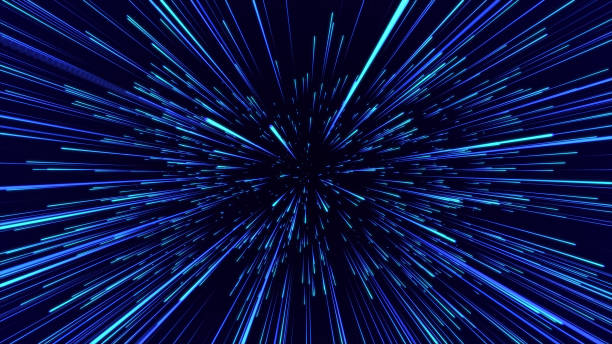 Blue hyper jump. Digital hyperspace with stars explosion. Abstract futuristic speed background. Dynamic motion lines on blue backdrop. 3D rendering. stock photo