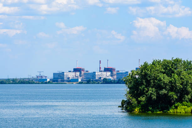 Smoke pipes and buildings of Zaporizhzhia Nuclear Power Station near the city Enerhodar, Ukraine stock photo