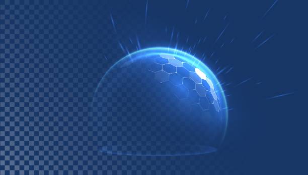 kuvapankkikuvitukset aiheesta suojasuojaefekti futuristiseen valotyyliin. kuplakilpi abstraktilla hehkuvalla tyylillä. sinisellä taustalla eristetyn tekstin elementti tai malli. vektorikuva sinisellä taustalla. - kilpi