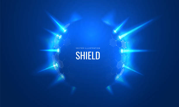 ilustrações de stock, clip art, desenhos animados e ícones de burst light, effect bubble circle shield in futuristic style vector illustration on a blue background. dome geometric in the form of an energy shield in an abstract glowing style. template concept in digital technological style - vital force